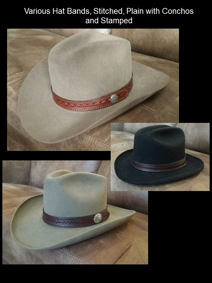 Various hat bands, stitched, plain with conchos, border stamped