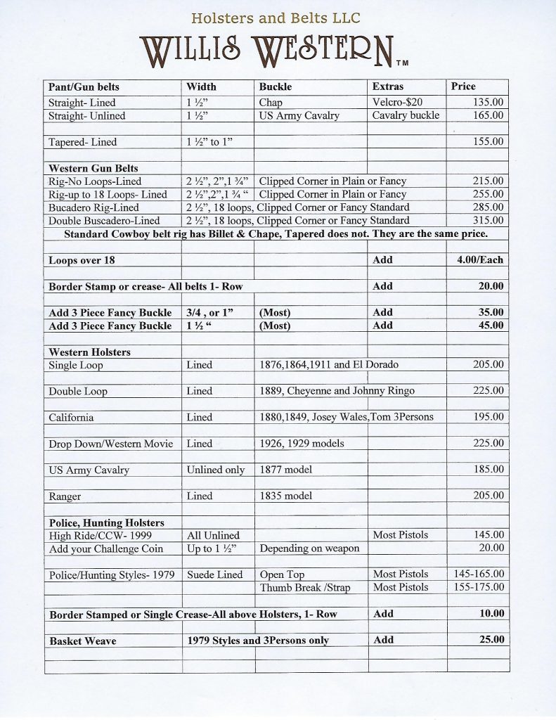 Willis Western Price List, page 1