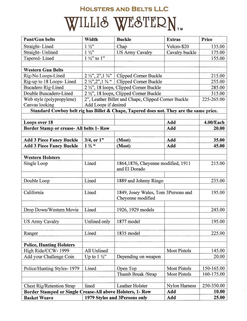 Willis Western Price List 2024 Page 1