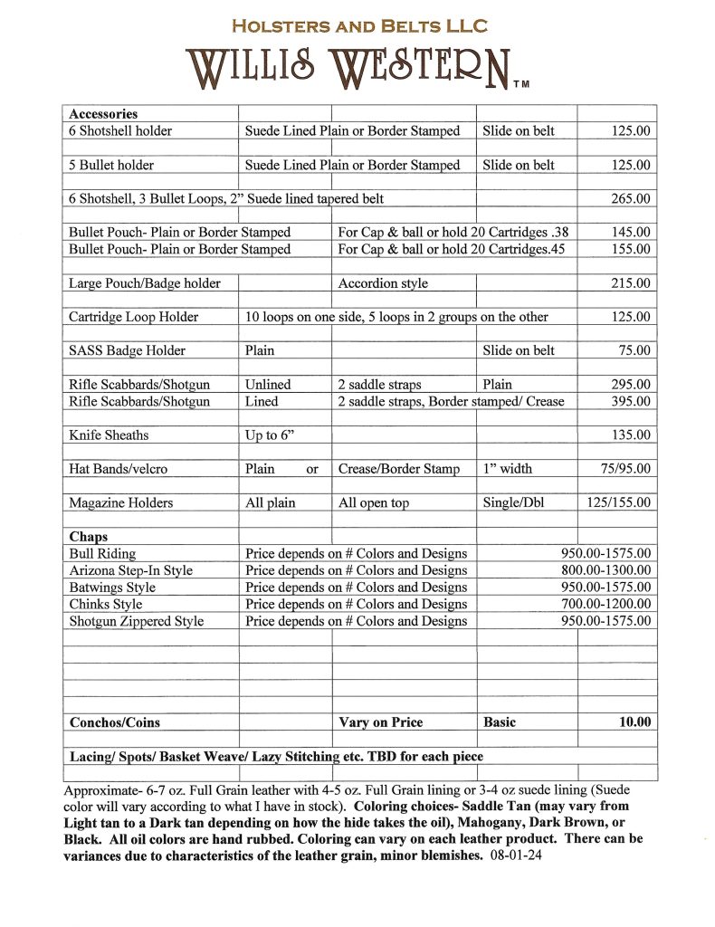 Willis Western Price List 2024 Page 2