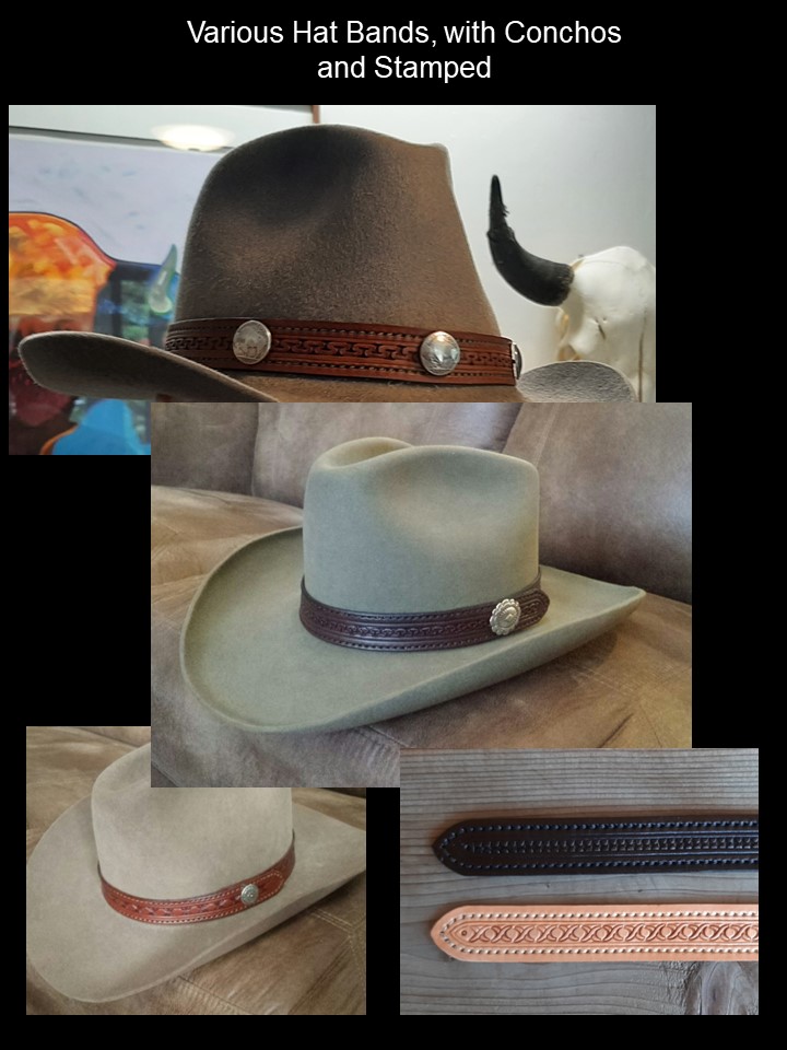 Various Leather Hat Bands, with Conchos and Stamped